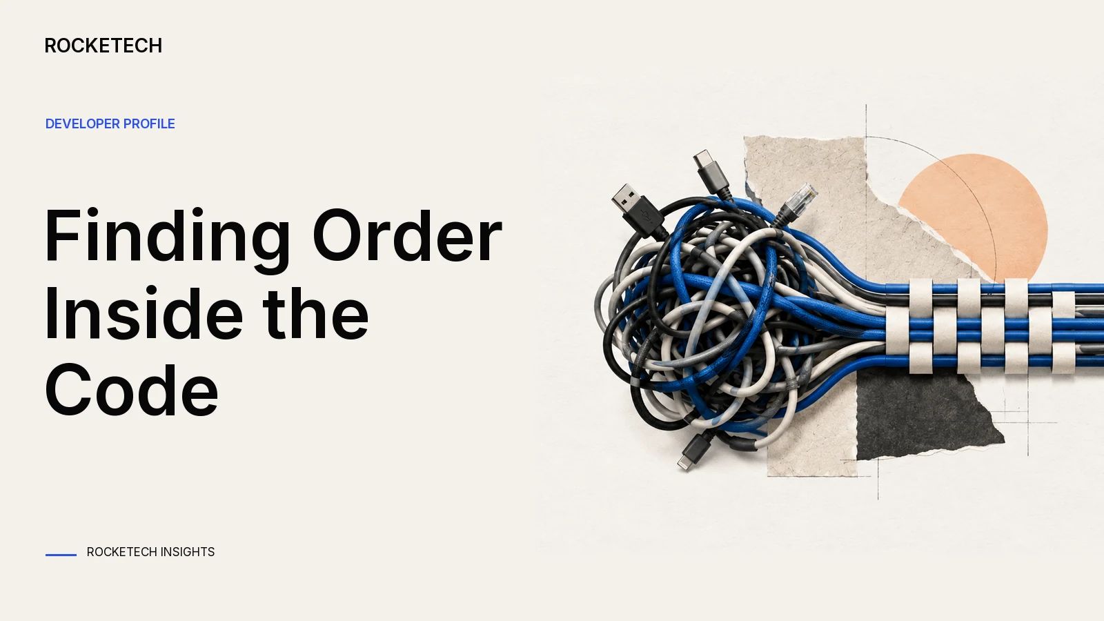 Tangled wires become an orderly laced loom on a paper workbench.
