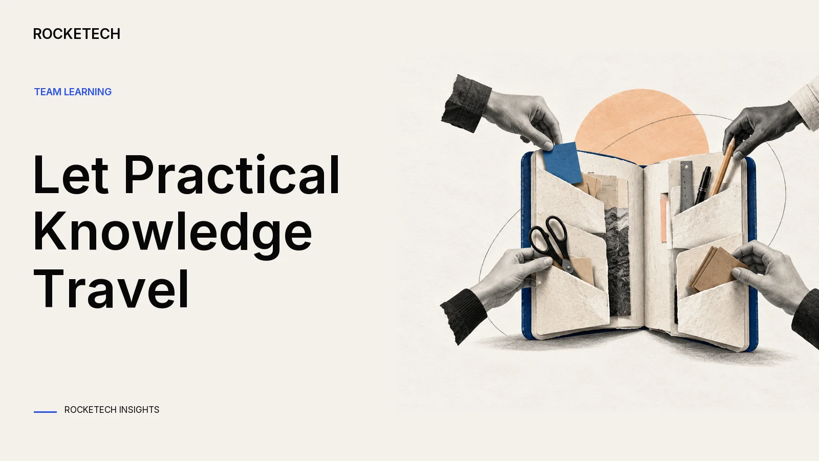 A reference notebook folds into a lending shelf of paper pockets holding practical tools.