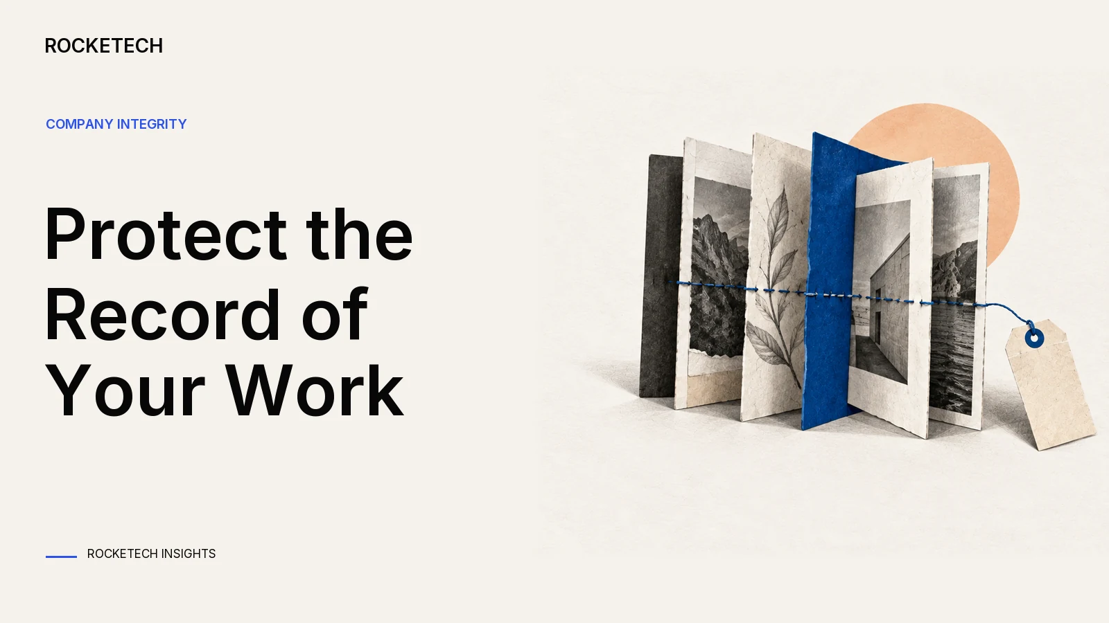 A project folio has a continuous stitched seam, while an unattached attribution tab rests outside.