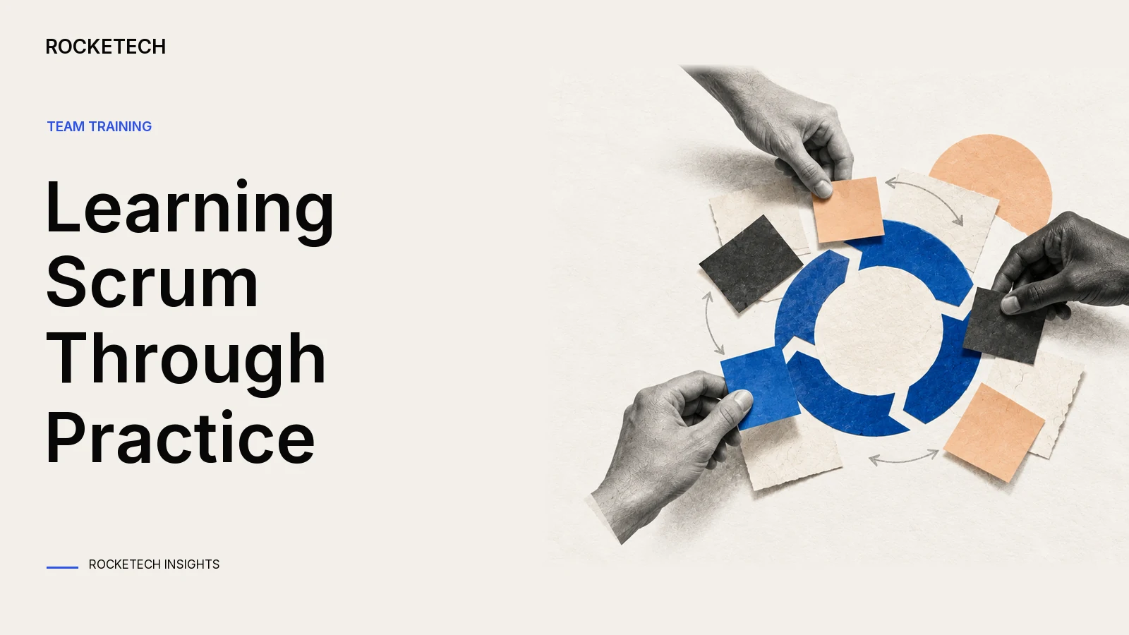A training workbook opens into a collaborative paper exercise with removable pieces around a shared task.