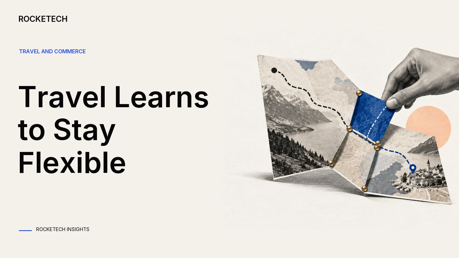A folded travel map has movable hinges that redirect a route toward a nearby destination.