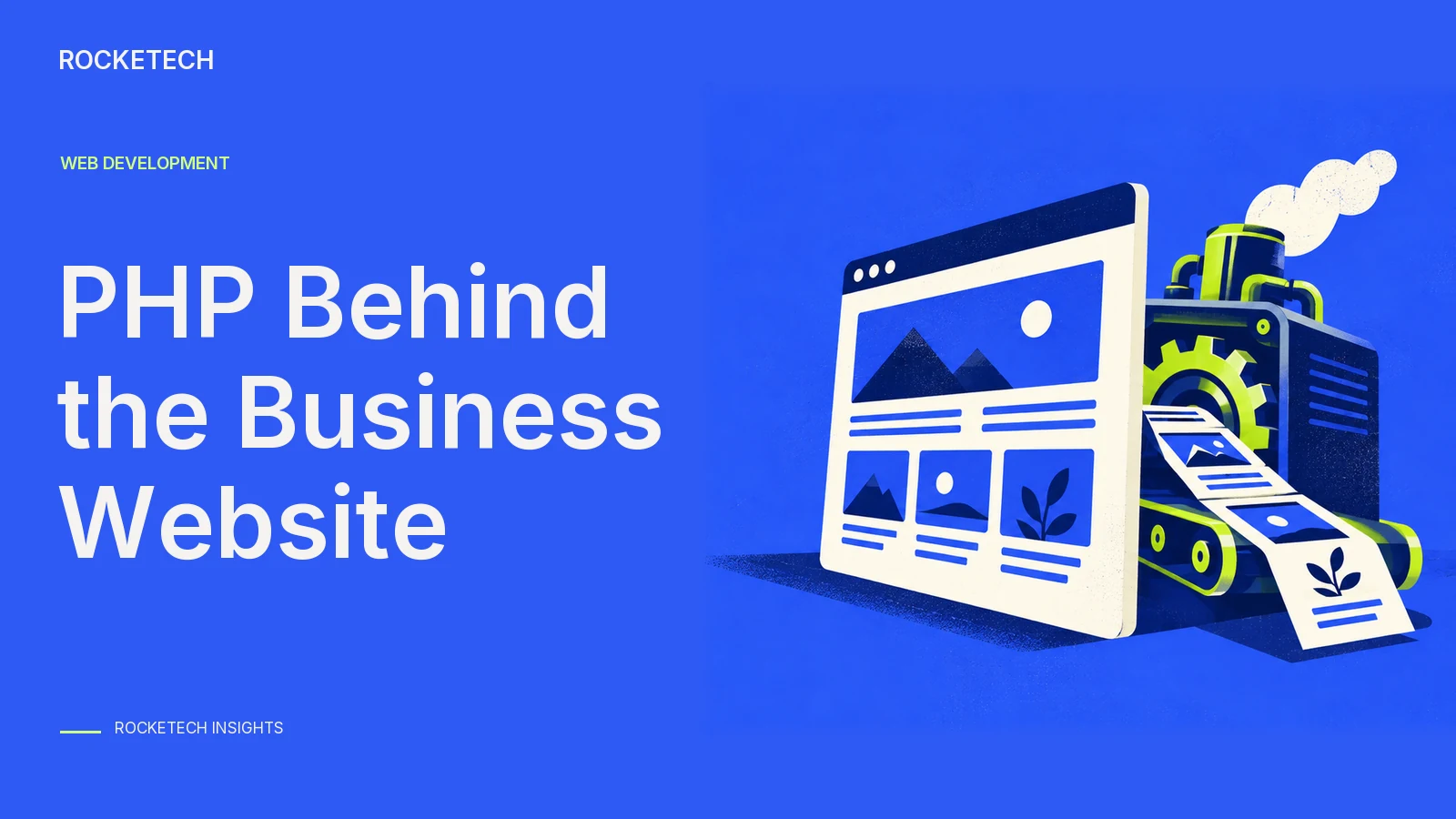 A flat web-page silhouette receives a dynamic content strip from a compact engine behind it.